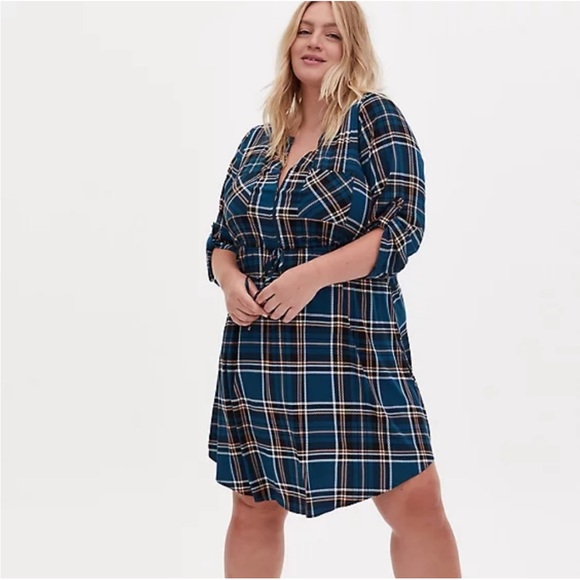 Torrid Size 2 Teal Plaid Challis Zip Front Shirt Dress - Picture 1 of 9
